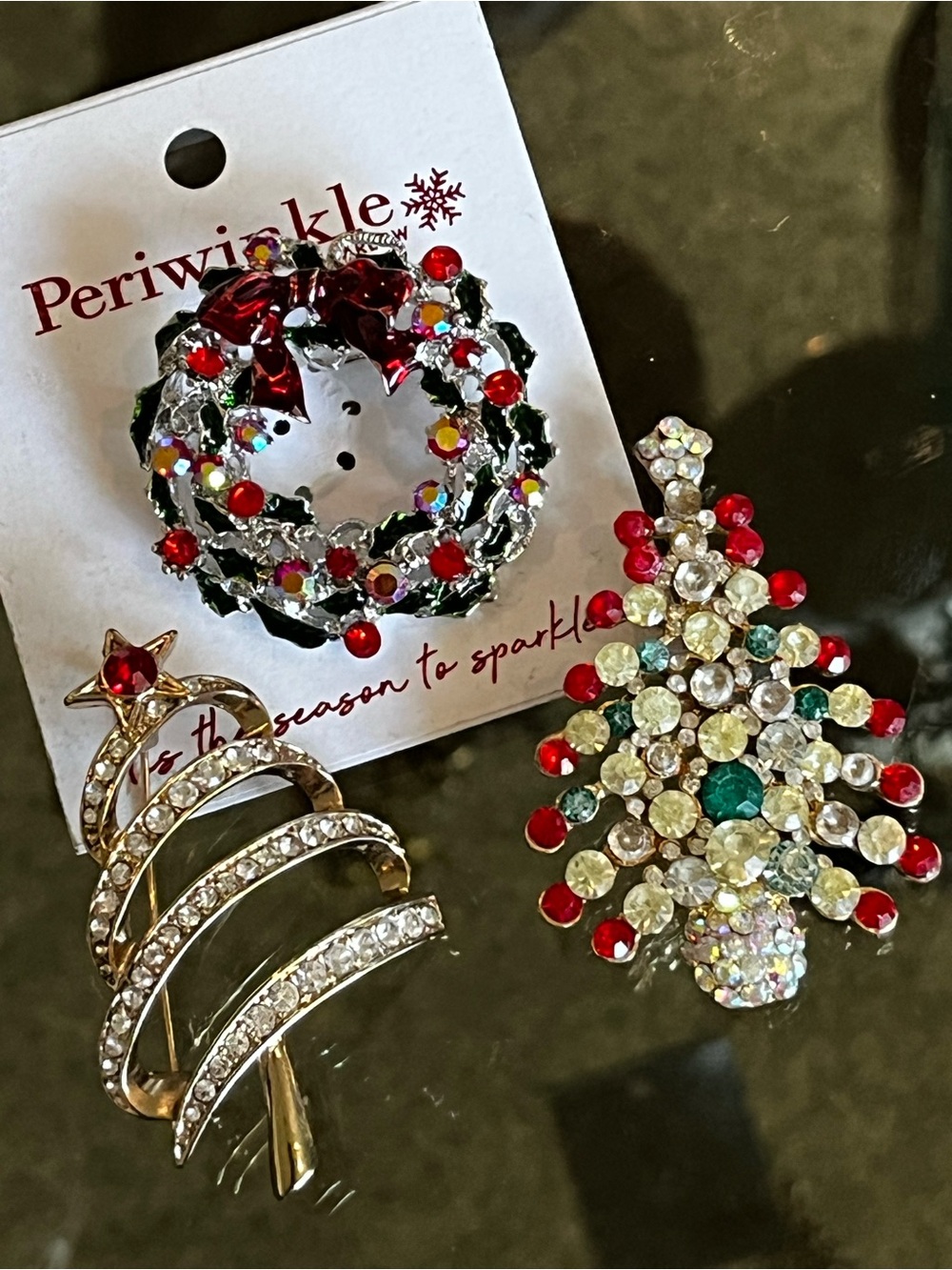 Vtg to Now Christmas Holiday Brooch Set - Festive Crystal Pins